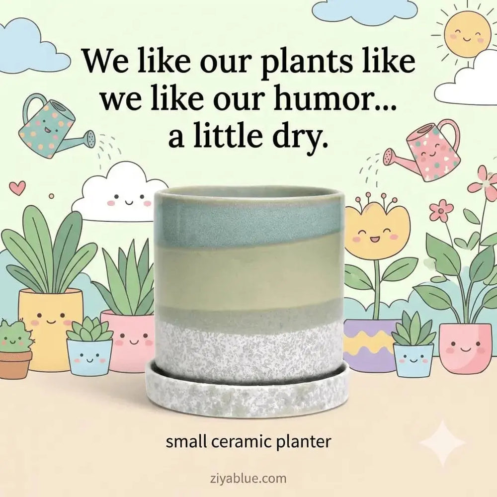 "Minute" 5" Ceramic Pot & Saucer Set | Glazed Planter with Drainage Chive Ziya Blue
