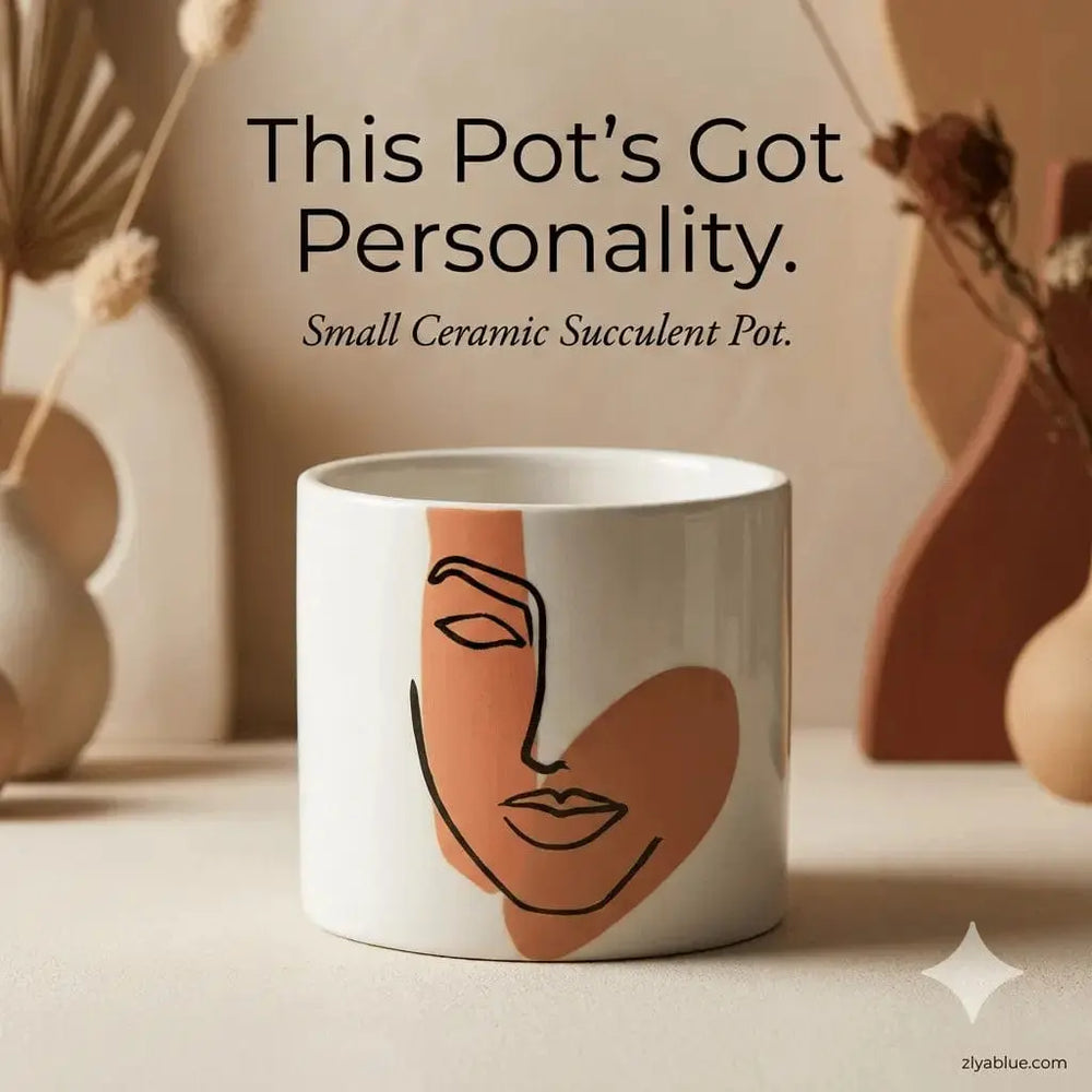 Modern Face Mini Planter - 3" Minimalist Sculptural Ceramic Pot Abbott Ziya Blue
