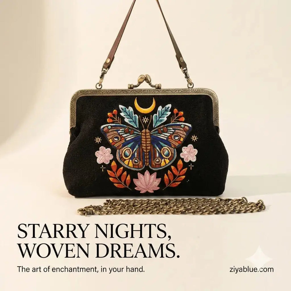 Moon Moth Vintage Kisslock Bag | Embroidered Celestial Handbag COMECO INC Ziya Blue