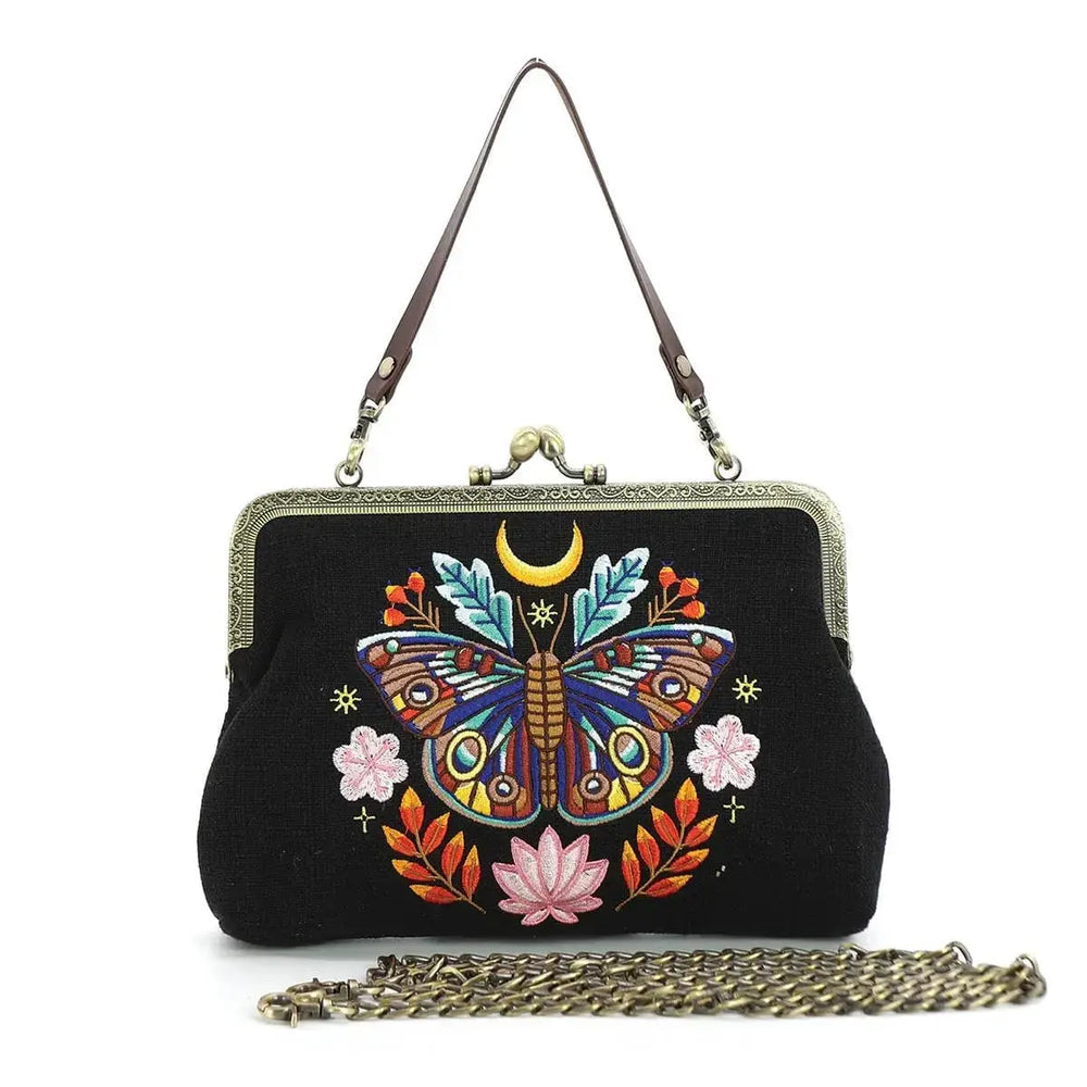 Moon Moth Vintage Kisslock Bag | Embroidered Celestial Handbag COMECO INC Ziya Blue