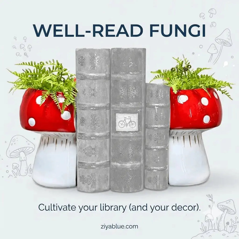 Mushroom Bookend Planters - Ceramic Toadstool Library Set Something Different Ziya Blue