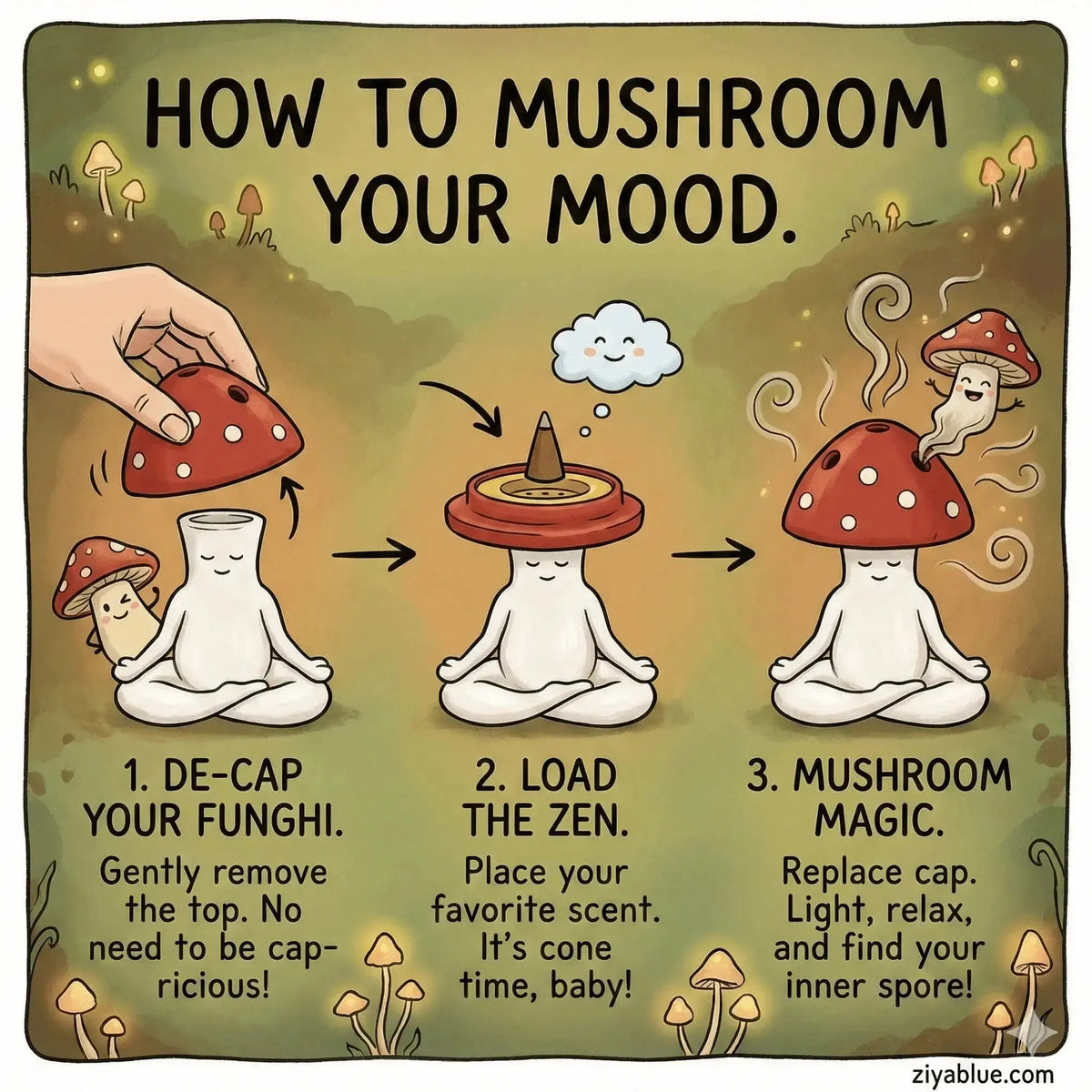 Mushroom Incense Burner | Meditating Zen Sprite | Forest Home Decor  Ziya Blue