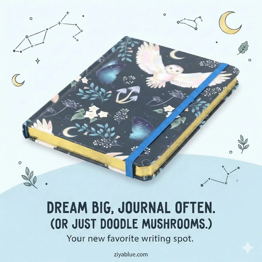 Night Flight Owl Journal | A5 Gold Foil Mystical Notebook Something Different Ziya Blue