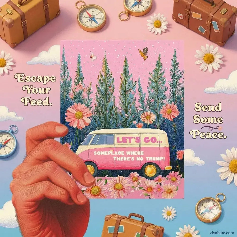 No Trump Greeting Card: Witty Pink Van Escape Offensive Delightful Ziya Blue