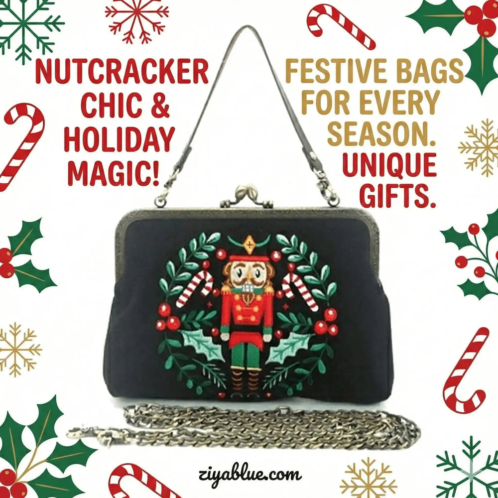 Nutcracker Kiss Lock Bag – Festive Christmas Linen Purse Faire Ziya Blue