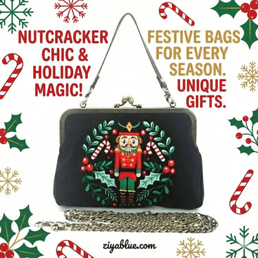 Nutcracker Kiss Lock Bag – Festive Christmas Linen Purse Faire Ziya Blue