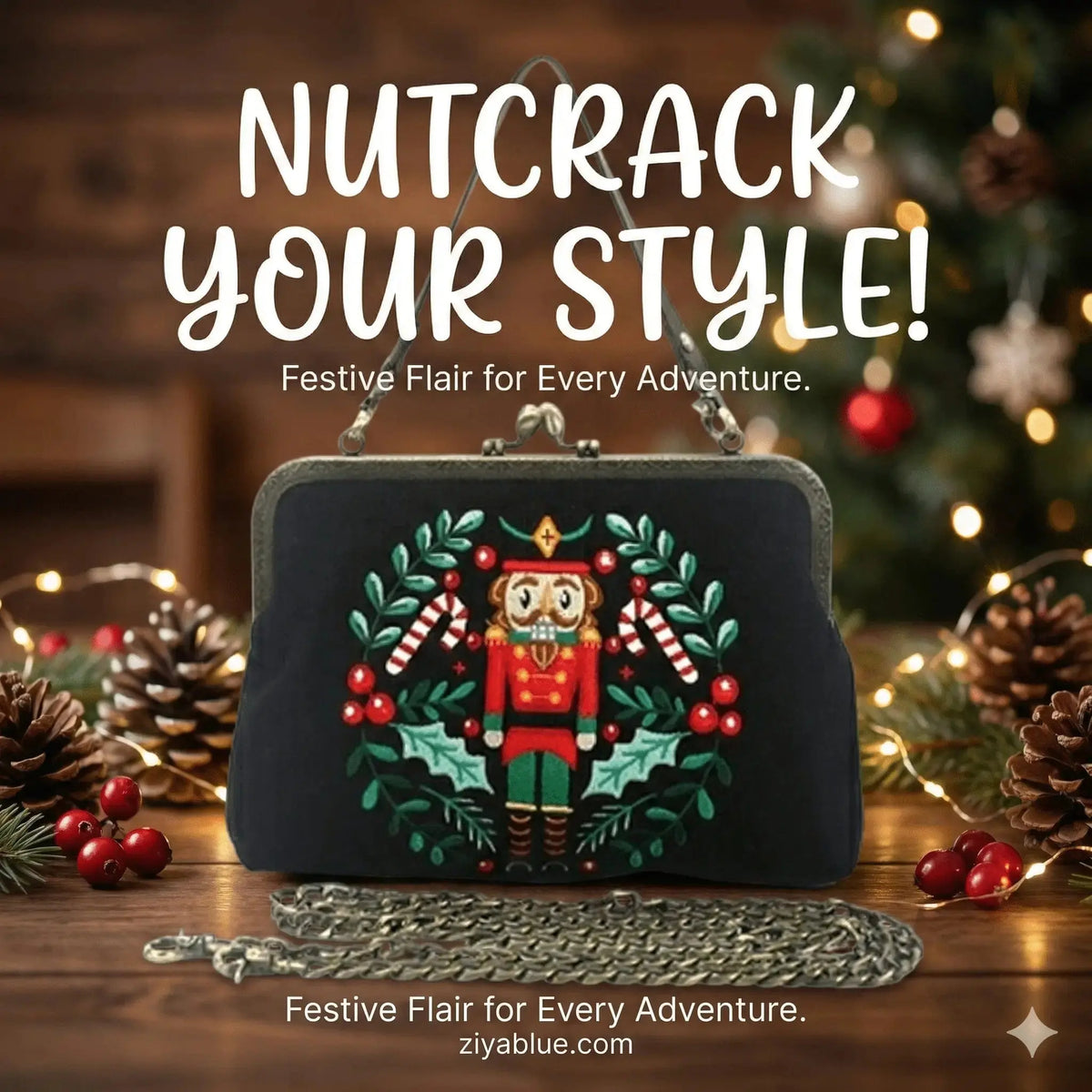 Nutcracker Kiss Lock Bag – Festive Christmas Linen Purse Faire Ziya Blue