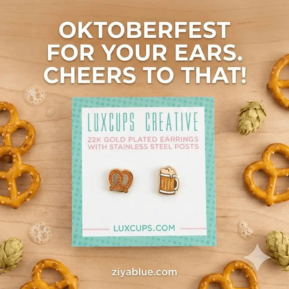 Oktoberfest Earrings: Beer Stein Studs LuxCups Ziya Blue