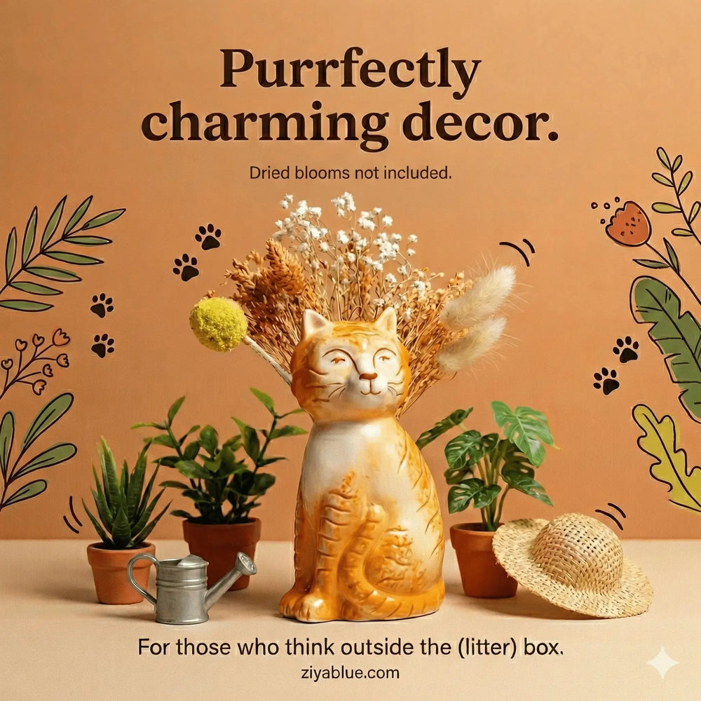 Orange Cat Ceramic Vase - 6" Tabby Animal Planter Lisa Angel Ziya Blue