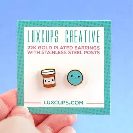 Pill Bottle Earrings | Prescription Pals 22k Gold Plated Studs LuxCups Ziya Blue
