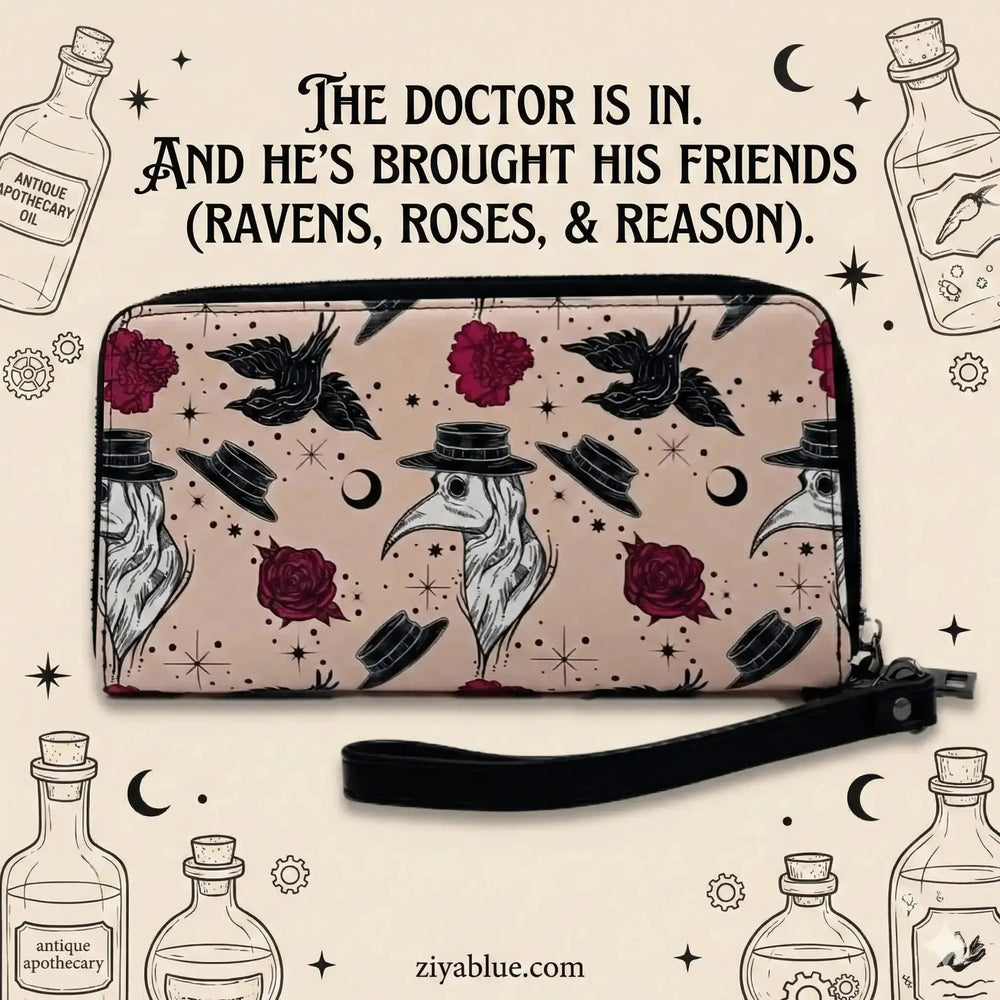 Plague Doctor Clutch Wallet | Dark Aesthetic Medieval Wristlet Shady Front Ziya Blue