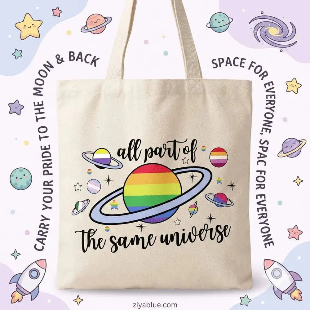 Pride Tote Bag: "Same Universe" Cosmic Canvas Bag Rainbow Certified Ziya Blue