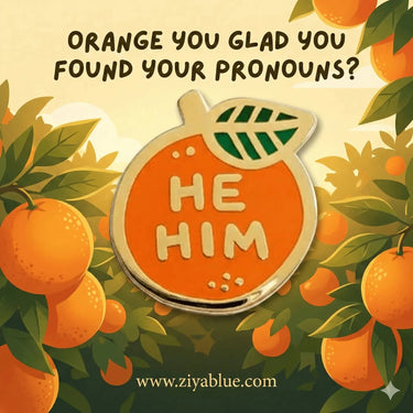 Pronoun Pin | He/Him Orange Enamel Pride Badge Misomomo Ziya Blue
