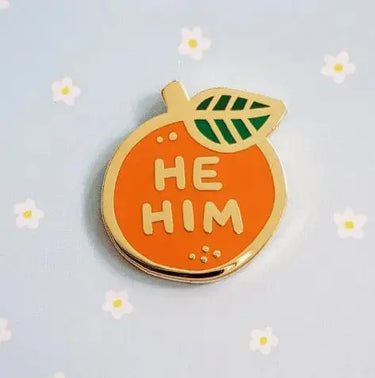Pronoun Pin | He/Him Orange Enamel Pride Badge Misomomo Ziya Blue