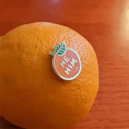 Pronoun Pin | He/Him Orange Enamel Pride Badge Misomomo Ziya Blue