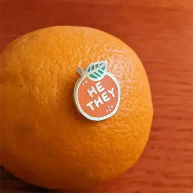 Pronoun Pin | She/Her Orange Enamel Pride Badge Misomomo Ziya Blue