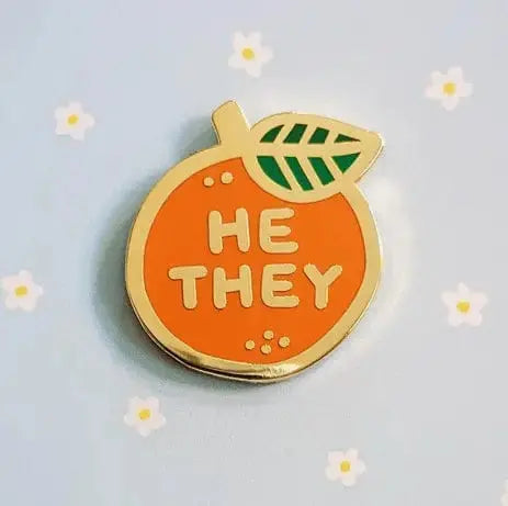 Pronoun Pin | She/Her Orange Enamel Pride Badge Misomomo Ziya Blue
