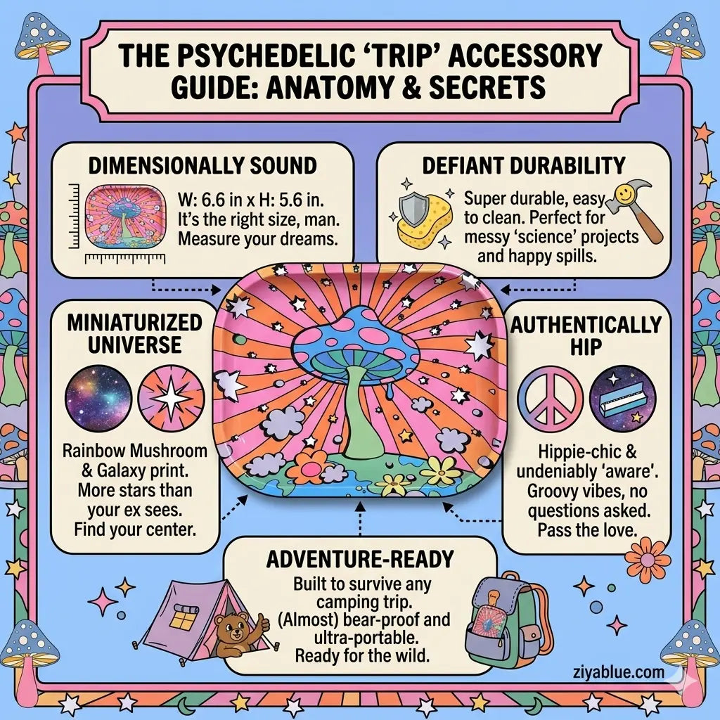 Psychedelic Rolling Tray: Mushroom Trip Design  Ziya Blue