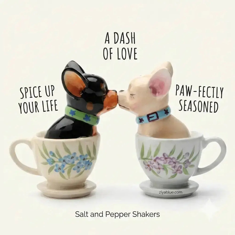 Puppy Salt and Pepper Shakers | Tea Cup Kissing Set Pacific Giftware Ziya Blue