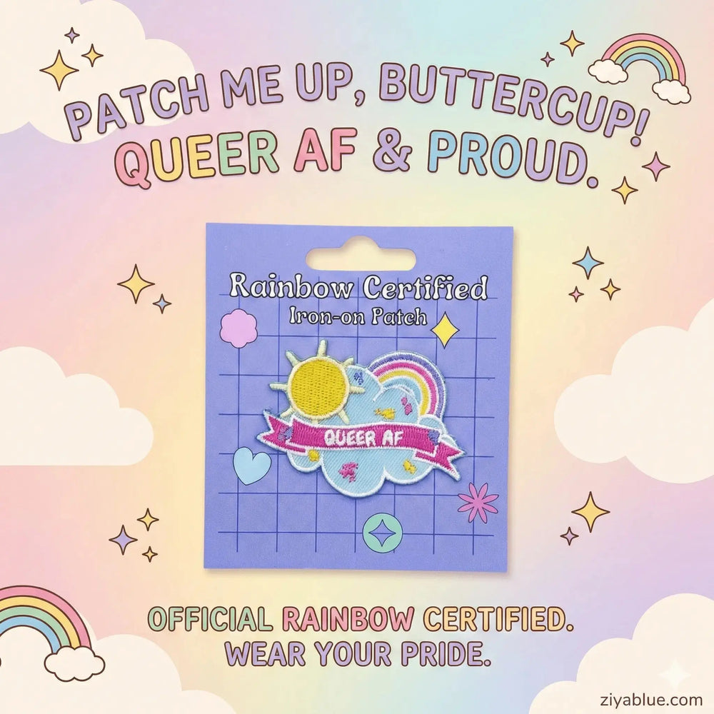 Queer AF Iron-On Patch | Sassy Pride Accessory Rainbow Certified Ziya Blue
