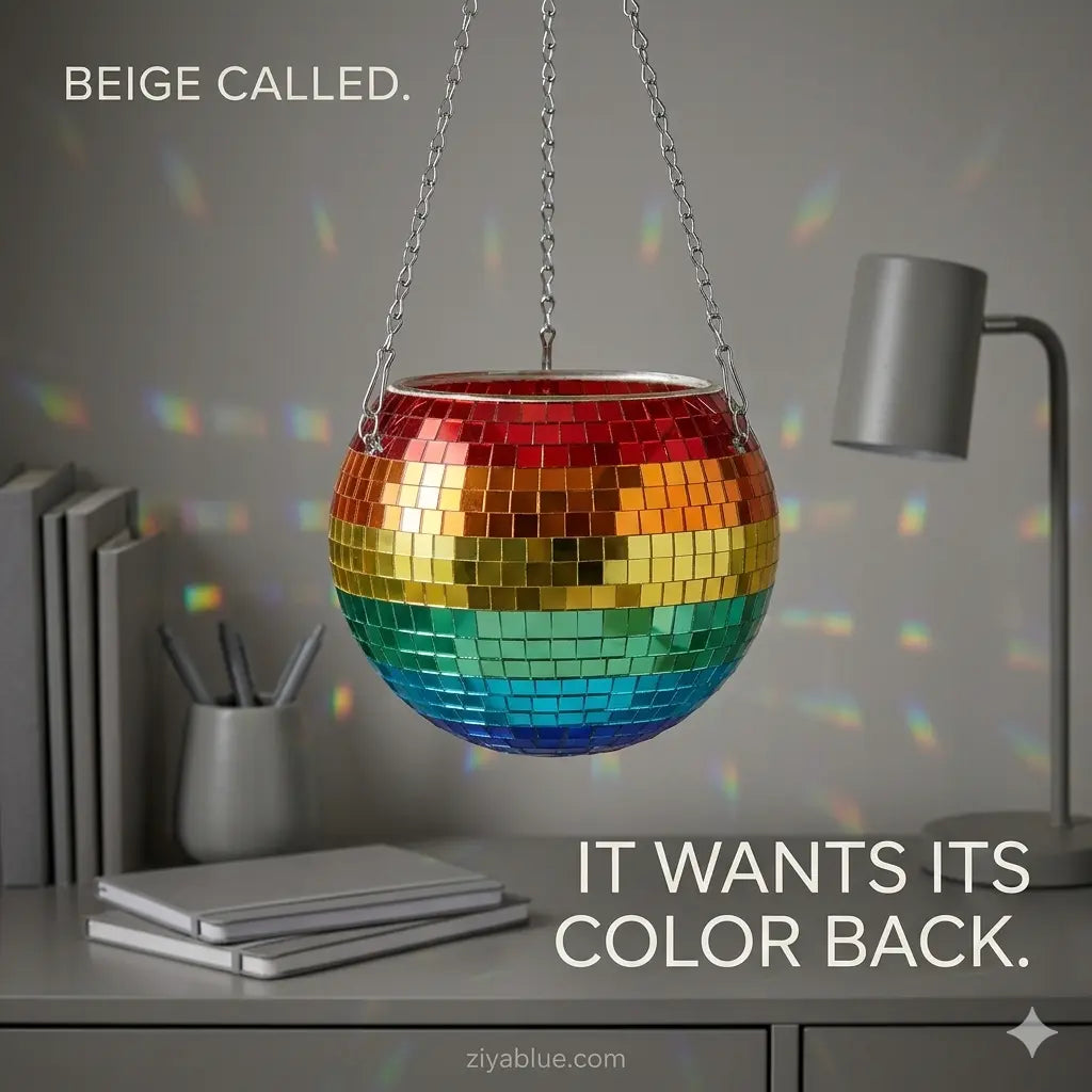 Rainbow Disco Ball Planter - 8" Hanging Retro Decor  Ziya Blue