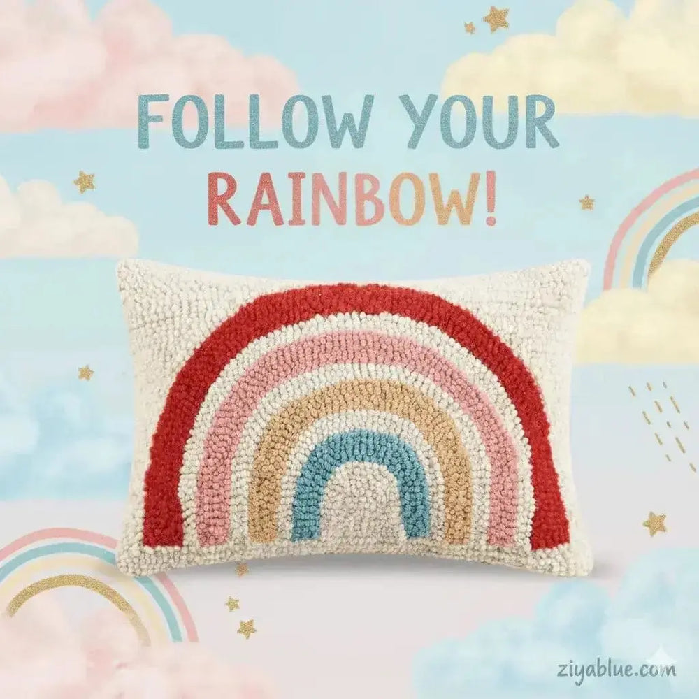 Rainbow Wool Throw Pillow: 16x16 Handcrafted Boho Cushion Peking Handicraft Ziya Blue