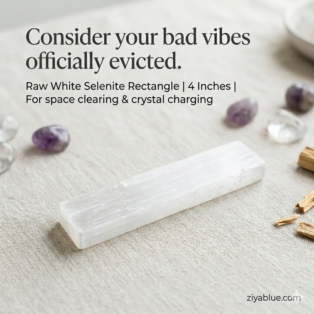 Raw White Selenite Rectangle 4"  Ziya Blue