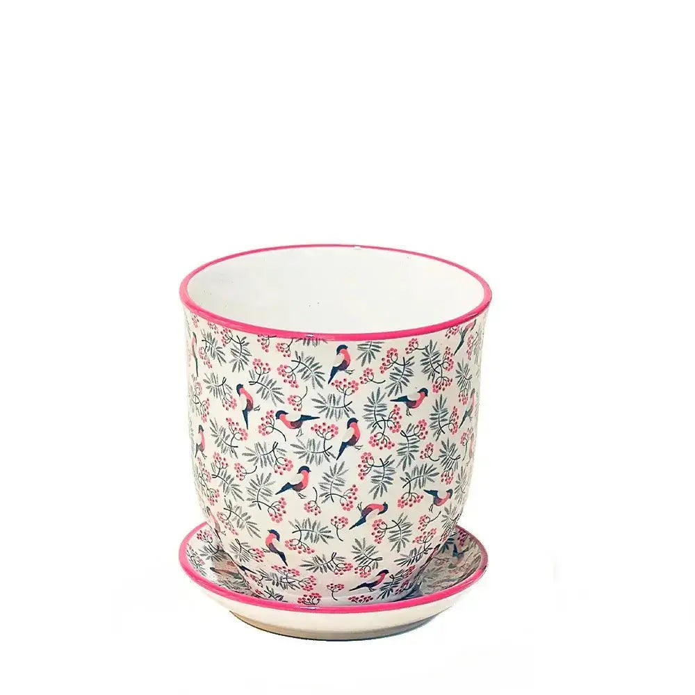 Red Bird Ceramic Planter | Small 3.25 Inch Pot & Saucer Chive Ziya Blue