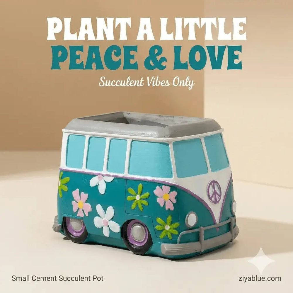 Retro Hippie Van Planter - 6" Hand-Painted Resin Bus Pot Spoontiques Ziya Blue