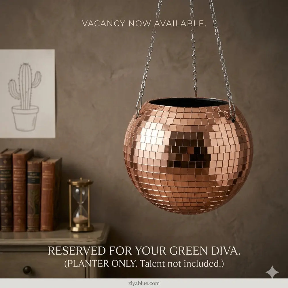 Rose Gold Disco Ball Planter - 8" Large Hanging Glam Pot  Ziya Blue
