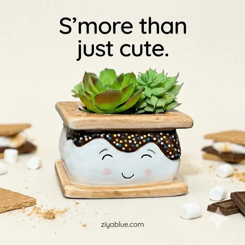 S'mores Ceramic Succulent Planter - 3.5" Marshmallow & Graham Pot Streamline Ziya Blue