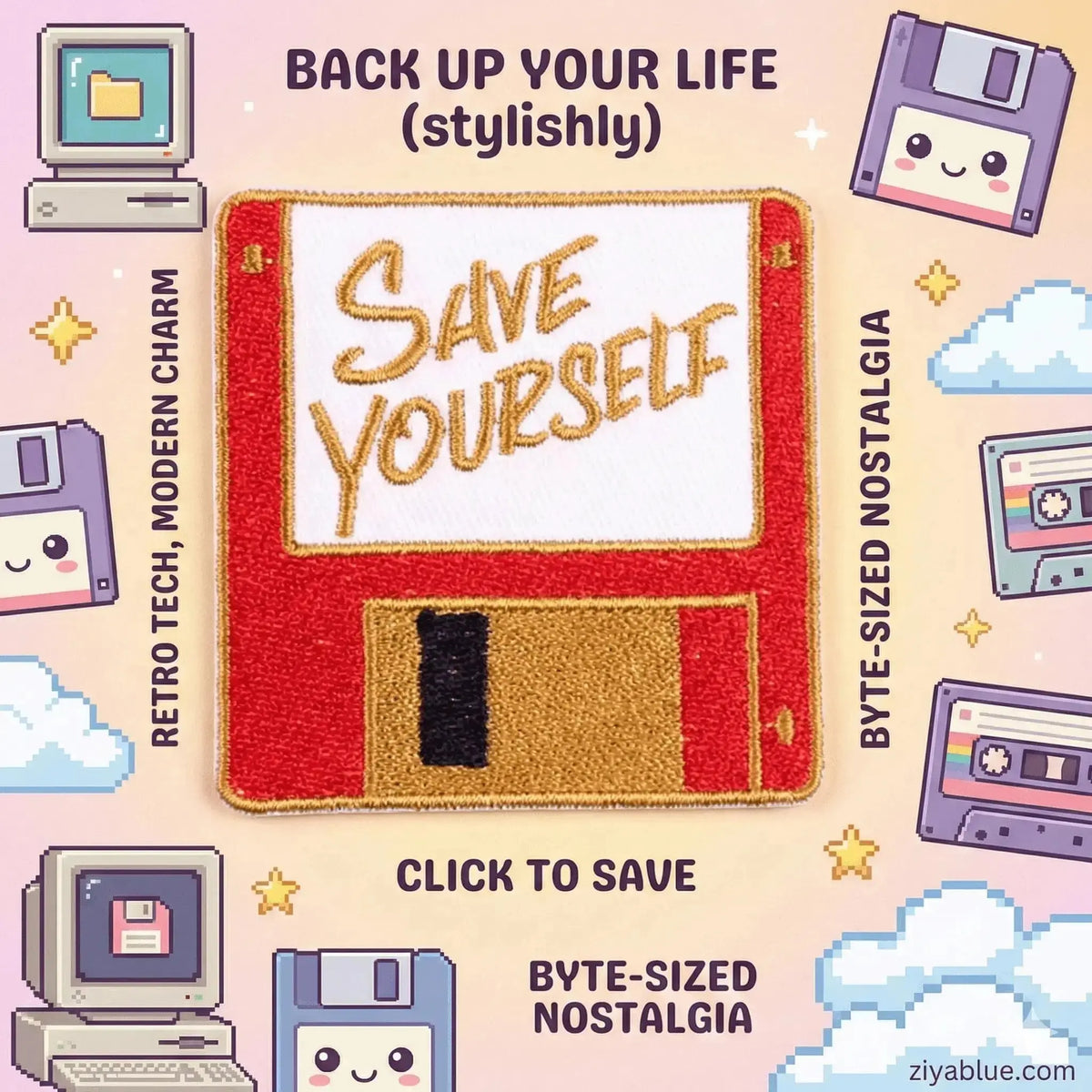 Save Yourself Patch: Retro Floppy Disk Iron-On  Ziya Blue