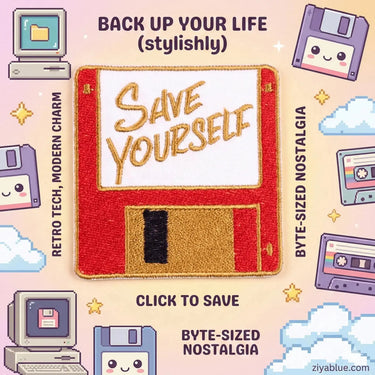 Save Yourself Patch: Retro Floppy Disk Iron-On  Ziya Blue