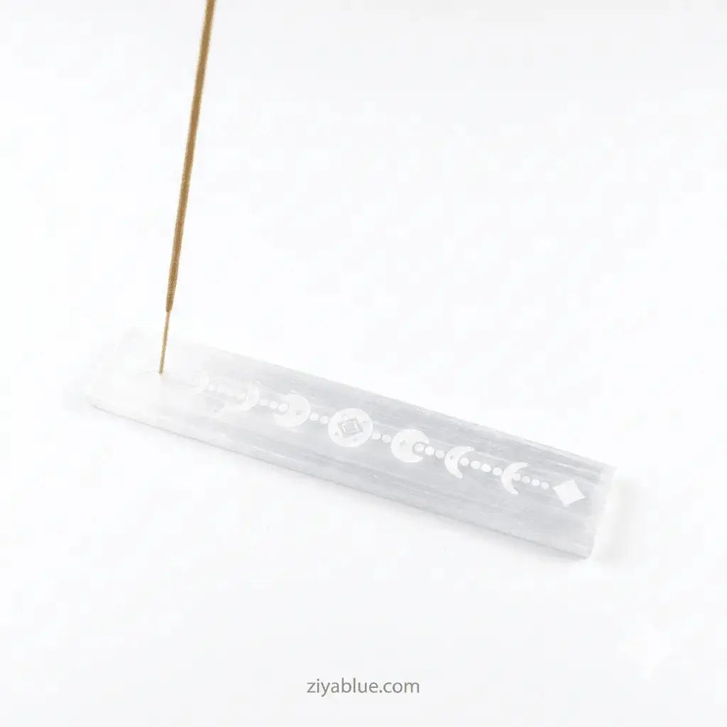 Selenite Incense Burner: 8" Celtic Moon Ash Catcher Designs by Deekay Inc. Ziya Blue