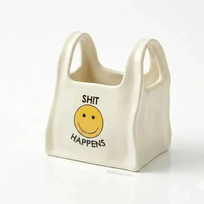 Smiley Face Shopping Bag Planter | Funny "Shit Happens" Pot Ziya Blue Ziya Blue