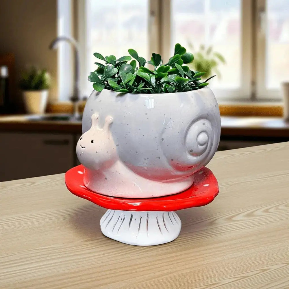 Snail and Mushroom Planter - Footed Ceramic Desktop Pot Streamline Ziya Blue
