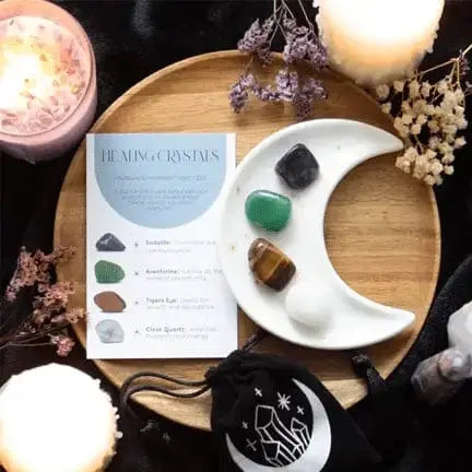 Success Healing Crystal Set with Moon Trinket Dish" 🌙✨ Maeve Toys Ziya Blue