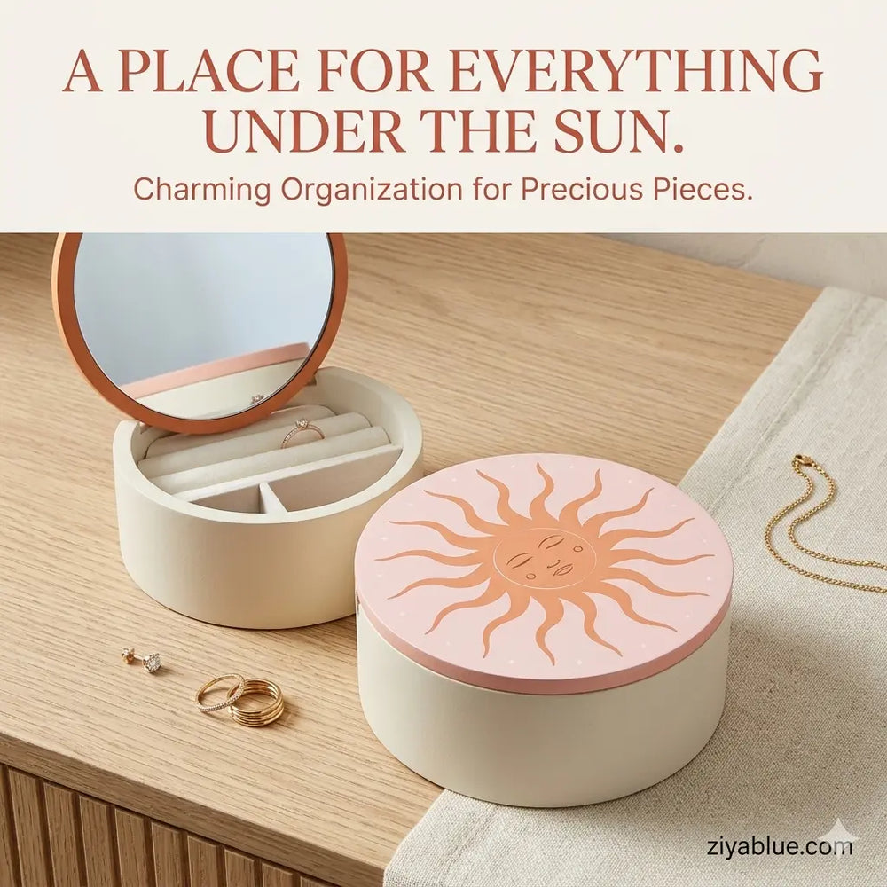 Sun Jewellery Storage Box | White Mirror Jewelry Case  Ziya Blue