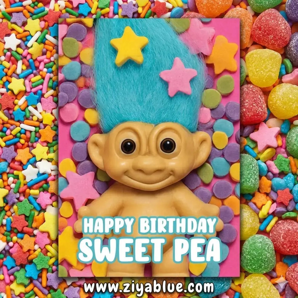 Sweet Pea Birthday Card: Quirky Troll Greetings Bite Your Granny Ziya Blue