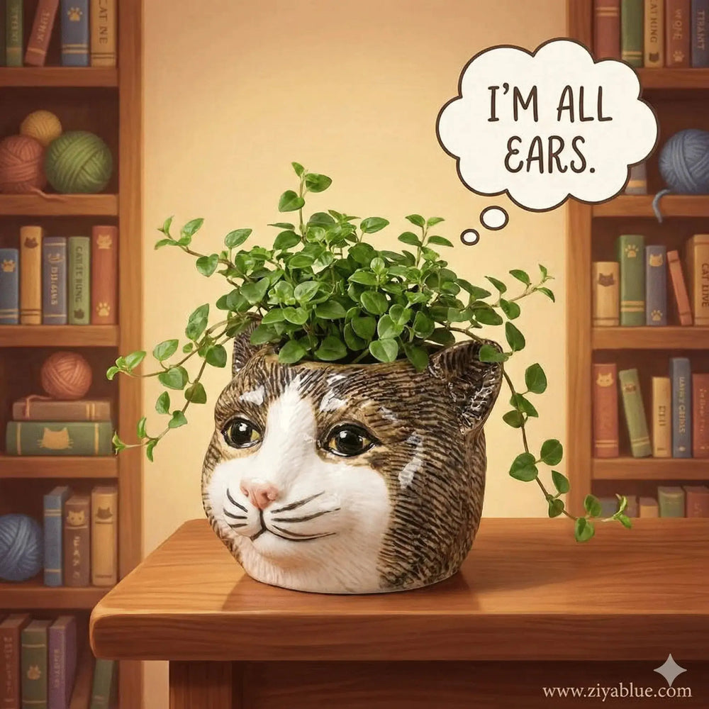 Tabby Cat Succulent Planter - 3" Ceramic Feline Pot Abbott Ziya Blue