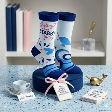 Tad Stabby Narwhal Socks: Funny Womens Crew Fabdaz Ziya Blue