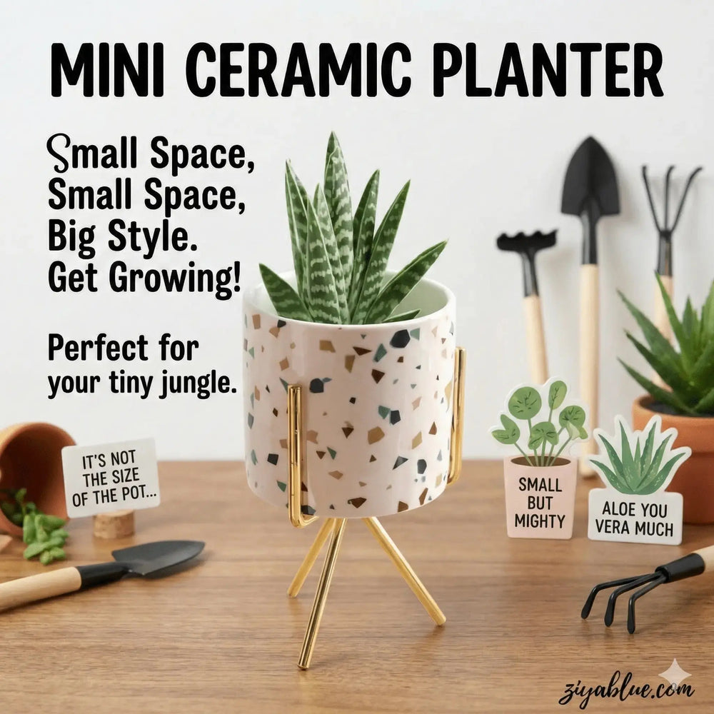 Terrazzo Mini Planter - Speckled Ceramic Pot with Gold Stand Lisa Angel Ziya Blue