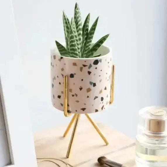Terrazzo Mini Planter - Speckled Ceramic Pot with Gold Stand Lisa Angel Ziya Blue