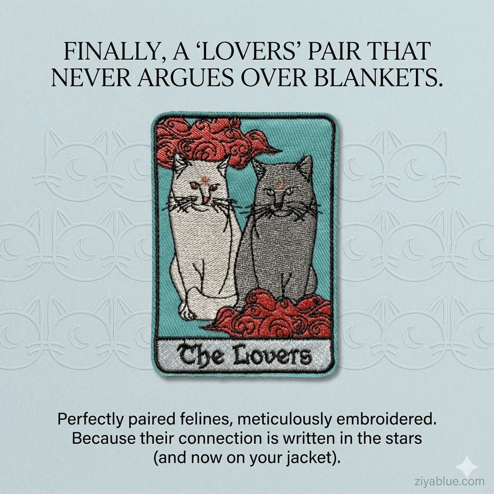 The Lovers Tarot Cat Iron-On Patch  Ziya Blue