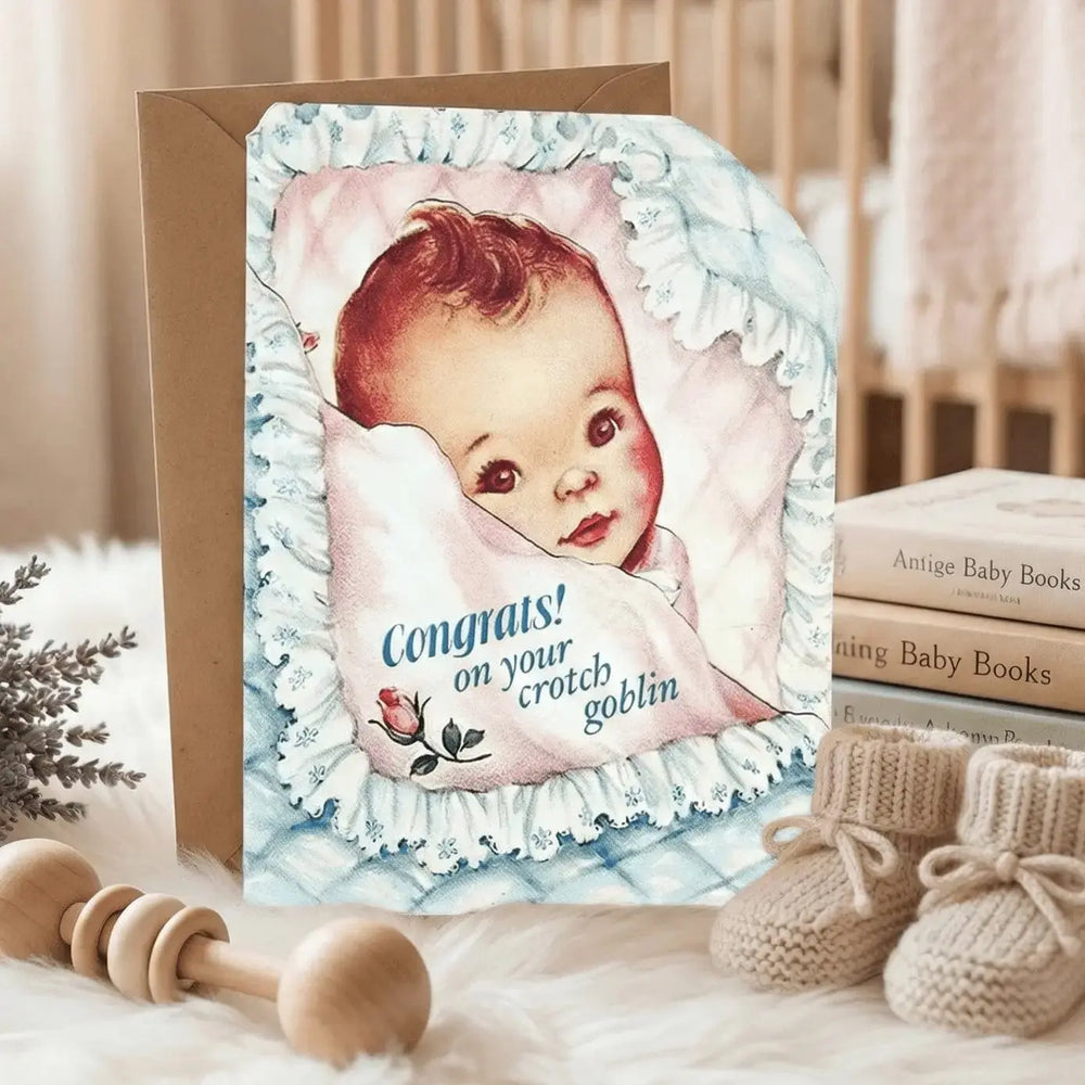 The "Congrats on Your Crotch Goblin" Funny New Baby Card Bad Betty Greeting Co. Ziya Blue