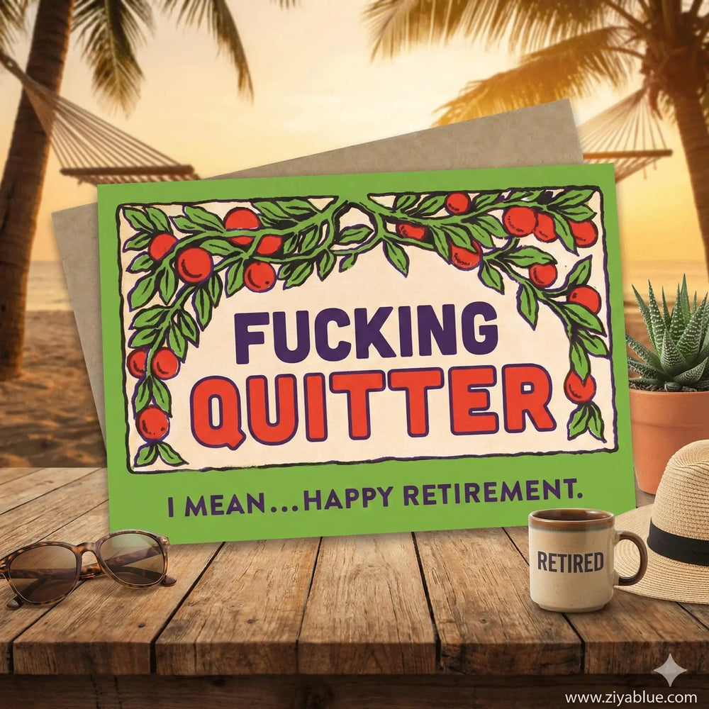 The "Fucking Quitter" Sarcastic Retirement Card Bad Betty Greeting Co. Ziya Blue