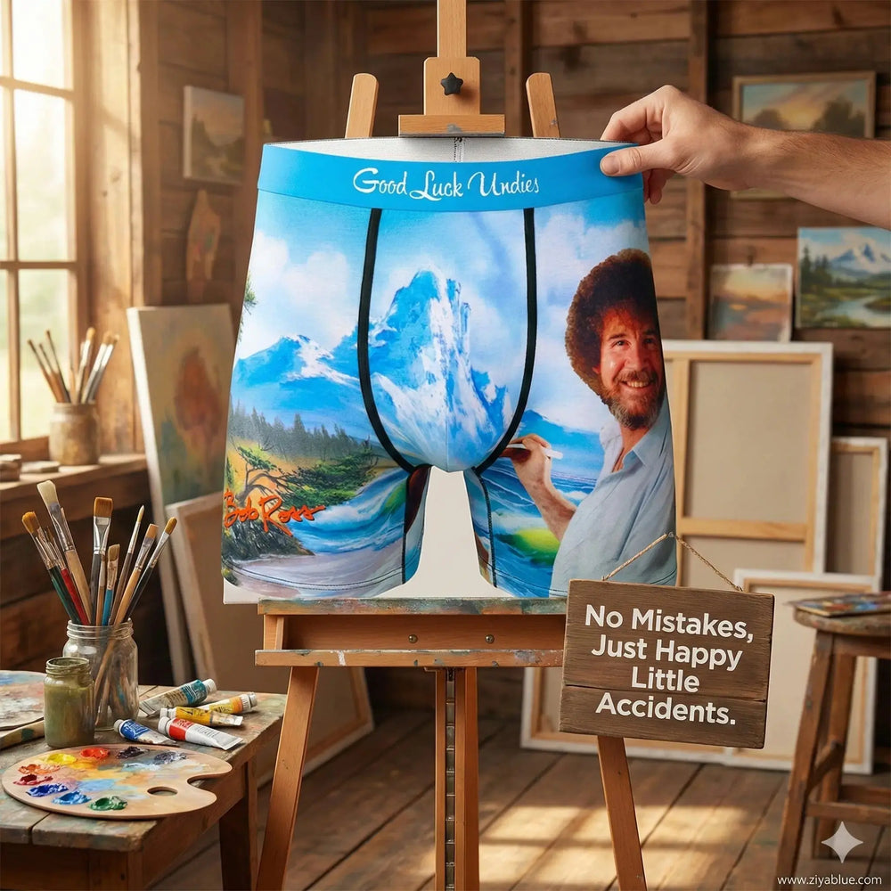 The "Happy Mountain" Men's Bob Ross Underwear Good Luck Sock Ziya Blue