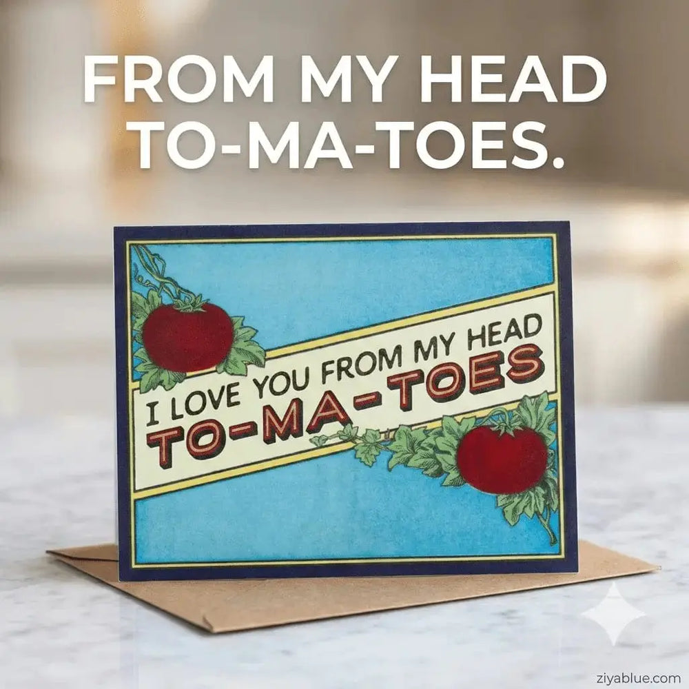 The "Head To-Ma-Toes" Funny Tomato Card Bad Betty Greeting Co. Ziya Blue