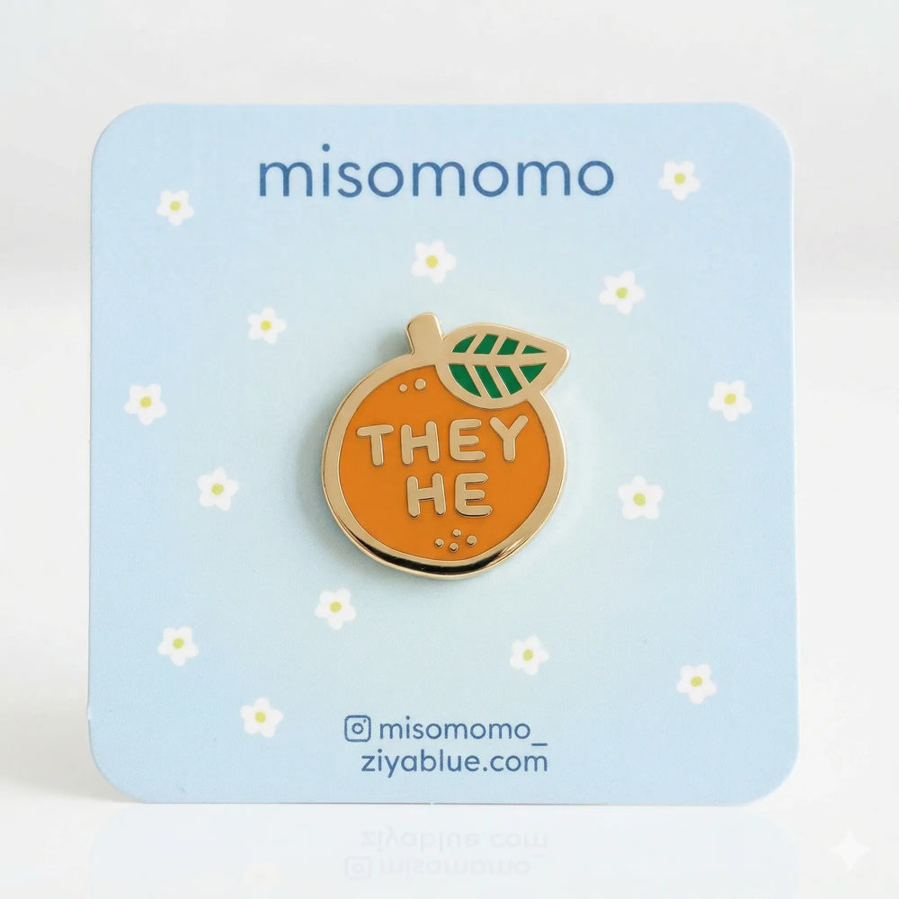 They/He Pronoun Orange Pin | Citrus-Fresh Inclusion Misomomo Ziya Blue