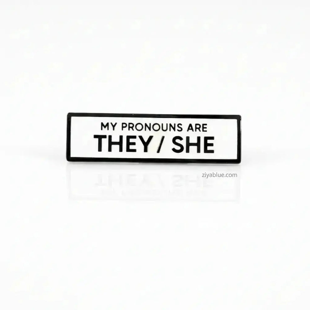 They/She Pronoun Pin | 1.5" Rectangular Identity Badge Retrophiliac Ziya Blue